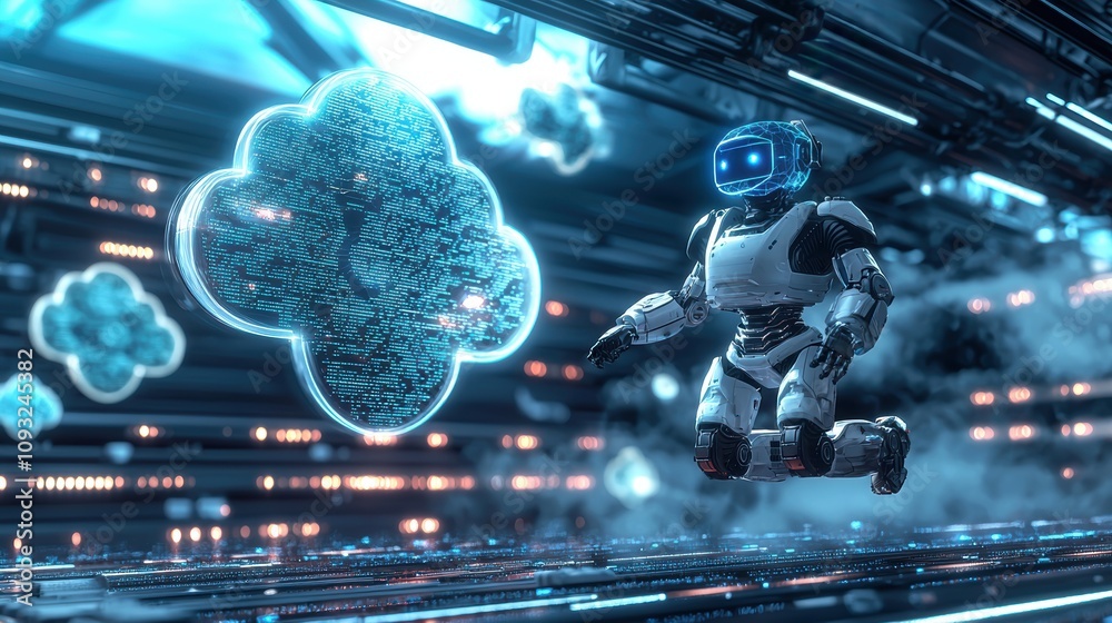 Poster exploring ai-driven cloud security solutions data networking and cyber protection in a futuristic en