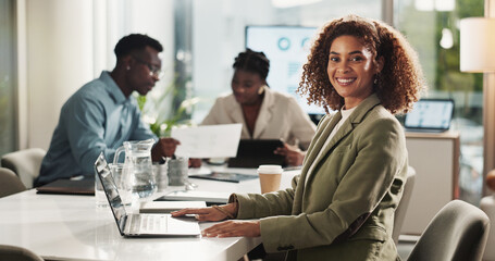 Meeting, portrait and woman in office with laptop for research, data analysis or business report. Computer, confidence and happy businesswoman in boardroom planning online schedule at digital agency