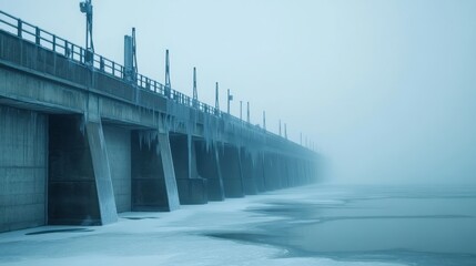 Frosty Winter Scene with Icy Pier and Fog Surrounding a Tranquil Body of Water in a Serene Atmosphere, Evoking Calmness and Stillness in Nature's Beauty