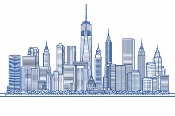 Obraz premium Urban Skyline Illustration Featuring Iconic Skyscrapers, Towers, and Modern Buildings in a Detailed Line Art Style Representing a Vibrant City Landscape