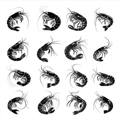 Shrimp Fish Silhouette Bundle Set, Shrimp Fish Silhouette Black Vector Isolated
