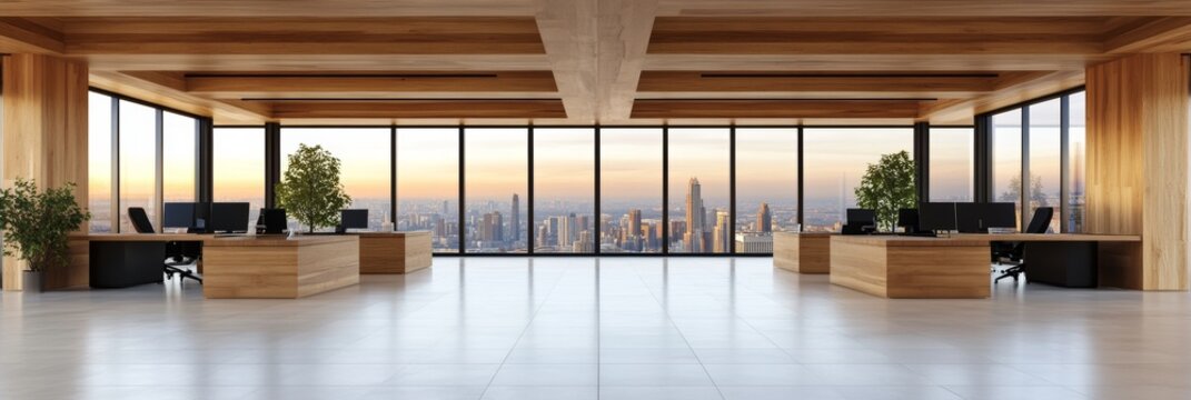 Modern, minimalist office space with large windows offering a stunning city skyline view at sunset. Warm wood tones and sleek furniture create a sophisticated and productive environment.