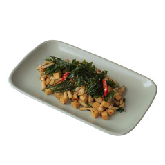 A plate of sauteed vegetables and diced tofu garnished with fresh herbs and red chili peppers.