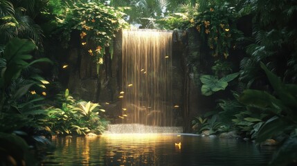 Serene Tropical Waterfall Surrounded by Lush Greenery and Vibrant Flora in a Peaceful Forest Setting with Soft Sunlight Illuminating the Scene