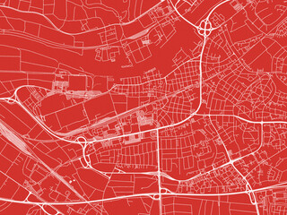 Christmas Map of Russelsheim am Main, Germany in Snowy White on Festive Red Background.
