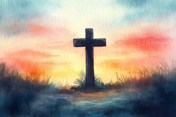 Obraz premium A watercolor painting of a single cross standing against a tranquil sunrise, with soft blue and warm orange hues blending in the sky, symbolizing peace, faith, and new beginnings