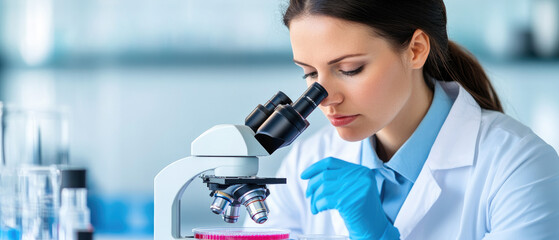 Medical Research Lab, Caucasian female scientist examines petri dish under microscope, collaborative environment with specialists engaged in analysis.