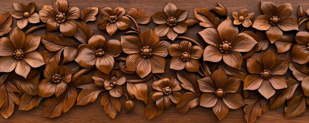 Obraz premium A beautifully crafted wooden panel featuring intricate floral carvings, showcasing detailed petals and leaves in a rich, warm finish.