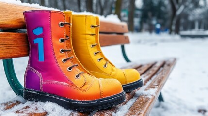 Colorful winter boots on a bench in a snowy park