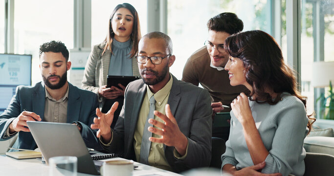 Meeting, talking or business people on laptop for finance feedback and discussion or teamwork. Corporate review, financial or professional employees reading for economic report, investment and online