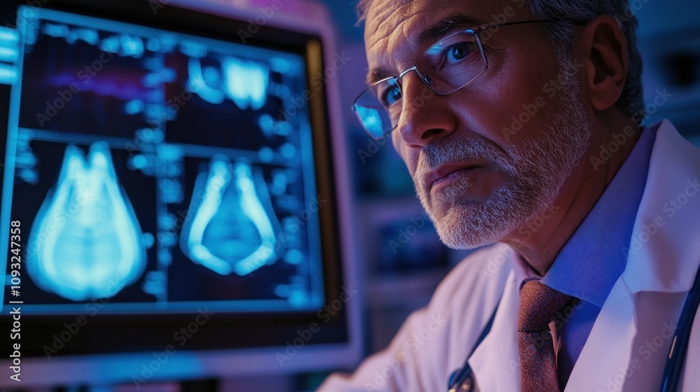 Poster doctor examining medical scan results on a computer screen