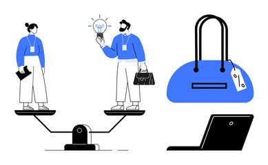 Man and woman balancing on a scale, man holding a lightbulb, carrying briefcases. Large bag and laptop nearby. Ideal for work-life balance, innovation, equality, business, career planning