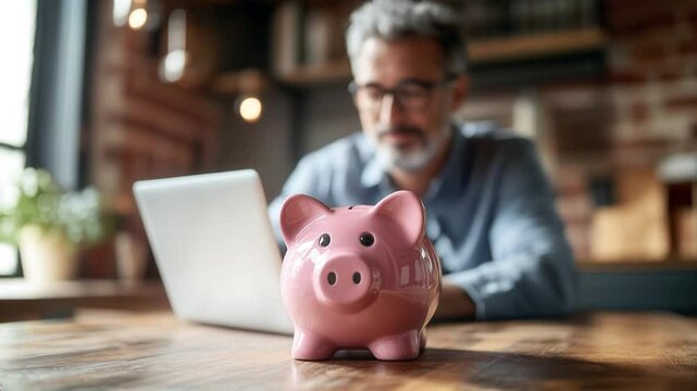 Man saving money with piggy bank. Middle-aged man sits at a desk with a laptop and a piggy bank, symbolizing financial planning and saving.