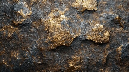 A striking image capturing rough, metallic textures interspersed with golden highlights,...