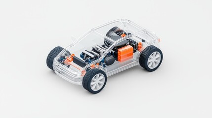This transparent car model shows the internal components, symbolizing the advancement of automotive technology.