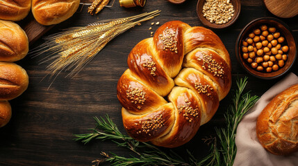 Golden challah bread with seeds on wooden table