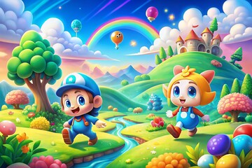Obraz premium Playful Adventure of Two Classic Characters in a Colorful Landscape with Ample Copy Space for Custom Text and Branding Opportunities