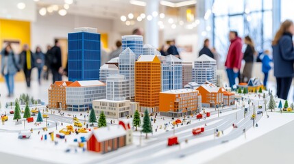Obraz premium Symbolizing the collaborative planning of cities with a scale model of urban layout with people watching.