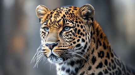 Obraz premium A close-up of a magnificent leopard with striking spots and intense blue eyes, showcasing its beauty and grace.
