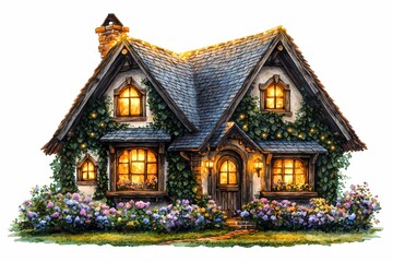Fototapeta premium Cozy Cottage Surrounded by Vibrant Flowers and Twinkling Lights, Nestled in Lush Greenery, Evoking Warmth and Charm During a Serene Evening