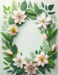 Wreath made of paper flowers and leaves, frame , space for text