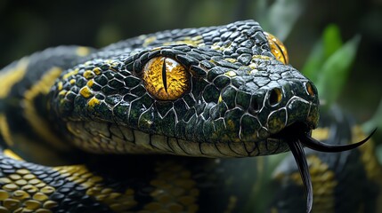 Fototapeta premium A close-up view of a vibrant snake with striking yellow eyes and intricate scale patterns in its natural habitat.