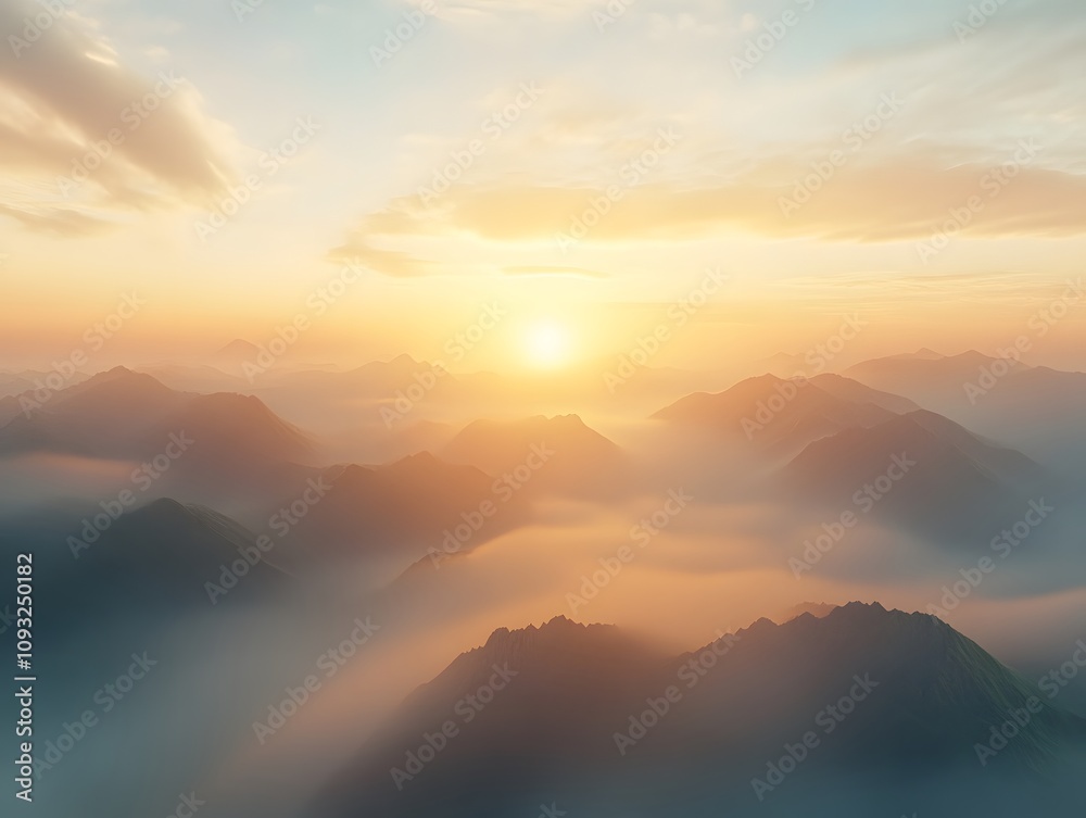 Poster majestic sunrise over serene mountains aglow in soft golden light, creating a dreamy landscape with 