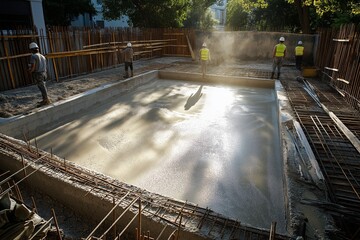 Construction Workers Pouring Concrete into Building Foundation at Urban Site, Sunlight Reflection, Metallic Framework Concept