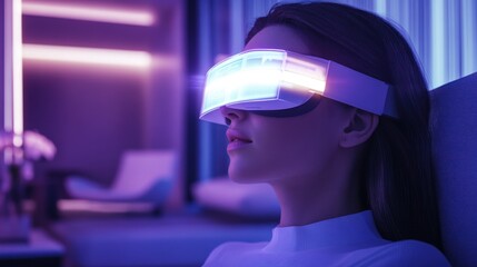 A woman wearing futuristic VR goggles in a modern, illuminated environment.