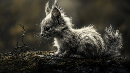 Obraz premium A cute, fluffy creature sits quietly on a moss-covered log, surrounded by a serene, natural environment.