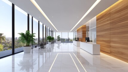 Modern office lobby with floor-to-ceiling windows offering a panoramic city view.  The sleek design features a clean white reception desk and warm wood paneling.