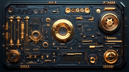 Fototapeta premium Intricate steampunk gear mechanism with golden components and detailed mechanical design in an industrial scene. Mechanical Gear Mechanism. Illustration