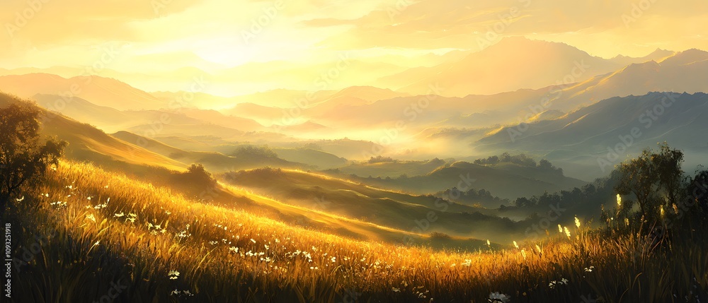 Aufkleber majestic sunrise over rolling hills with golden fields and soft misty background creating a serene l