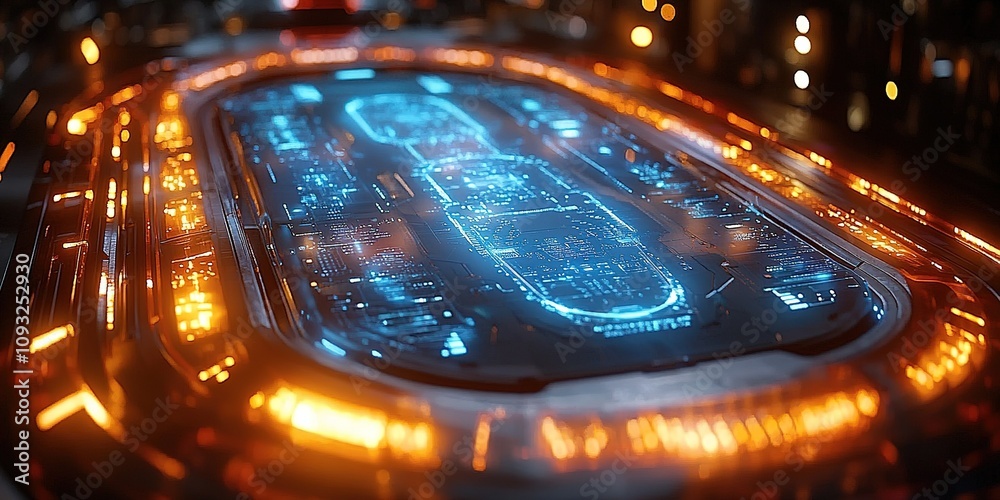 Poster futuristic holographic interface displaying complex data in a high-tech environment
