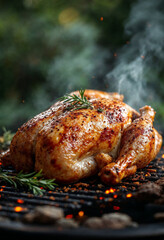 Golden grilled whole chicken seasoned with rosemary on fiery grill