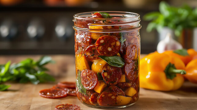 A jar of homemade Marinated Italian Peppered premium pepperoni with garlic and basil, colorful peppers visible inside the glass jar, fresh herbs in the background, rustic kitchen setting,
