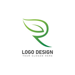 letter R logo with green leaves  nature logo icon design template