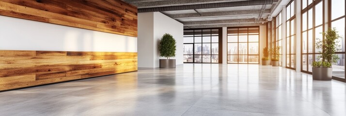 Sunlit modern office space with wood paneling and expansive windows offering a city view.  Clean lines and polished concrete floors create a sophisticated atmosphere.