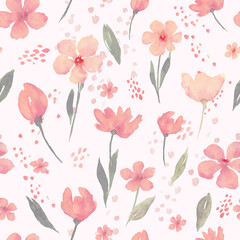 Feminine seamless pattern with wildflowers in orange and green tones. Watercolor floral background. 