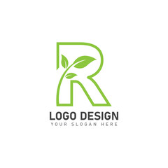 letter R logo with green leaves  nature logo icon design template