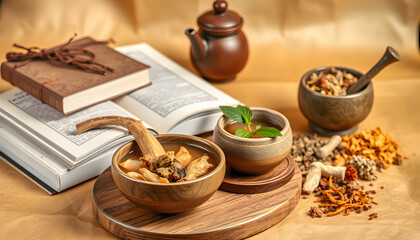 Fototapeta premium A bowl of tonic made from ginseng, Ganoderma lucidum, and cordyceps is displayed on a wooden platform. Books, teapots, and mortars of dried herbs on the golden paper background isolated with white h