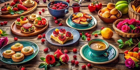 Romantic Culinary Delight: A Captivating Spread of Colorful Dishes for 'In Love' Moments with Fresh Ingredients and Beautiful Presentation