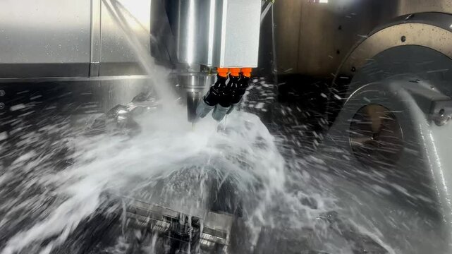CNC milling machine cutting the mold parts with oil coolant method  The mold and die manufacturing process by machining center with the solid ball endmill tools.