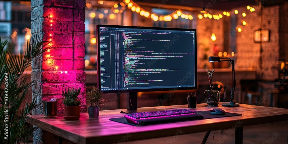 Poster cozy workspace with computer screen displaying code in softly lit modern cafe