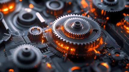 Close-up of a wireframe gear mechanism with orange highlights. Mechanical Gear Mechanism. Illustration