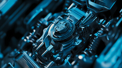 Fototapeta premium Close-up of a complex metal gear mechanism with a blue hue. Mechanical Gear Mechanism. Illustration