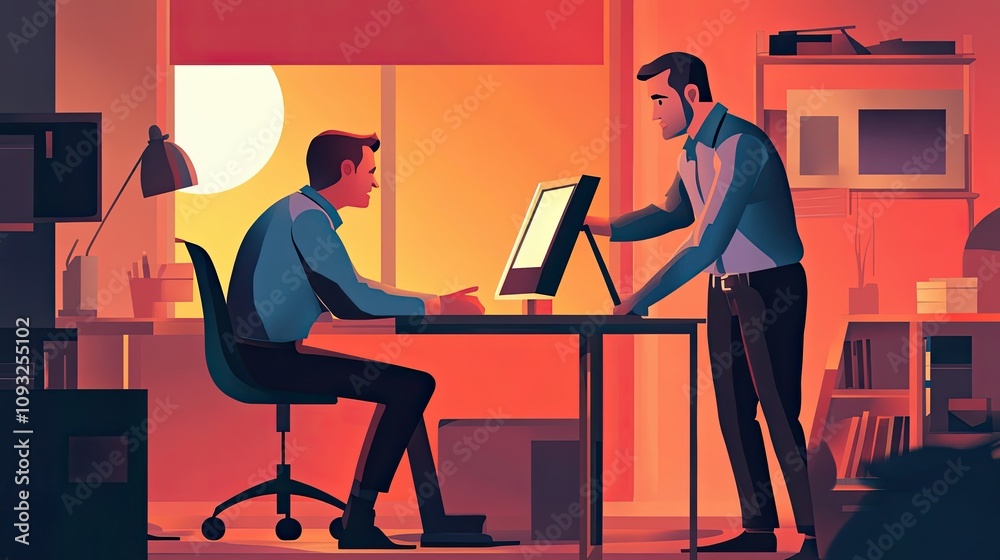 Poster two men in an office setting with one showing the other something on a computer screen