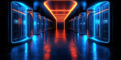 Obraz premium Futuristic data center corridor featuring illuminated server racks in blue and orange glow