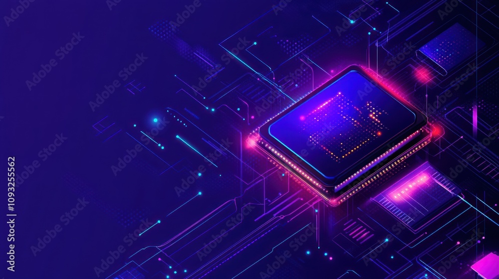 Poster neon glow cpu on circuit board digital technology
