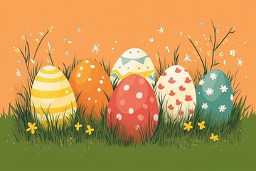 A colorful illustration of various decorated Easter eggs nestled in grass, featuring patterns like stripes, polka dots, and flowers, set against a bright, festive background